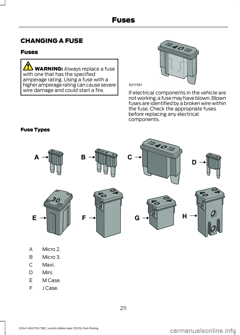 FORD F650/750 2024  Owners Manual CHANGING A FUSE
Fuses
WARNING: Always replace a fusewith one that has the specifiedamperage rating. Using a fuse with ahigher amperage rating can cause severewire damage and could start a fire.If elec
