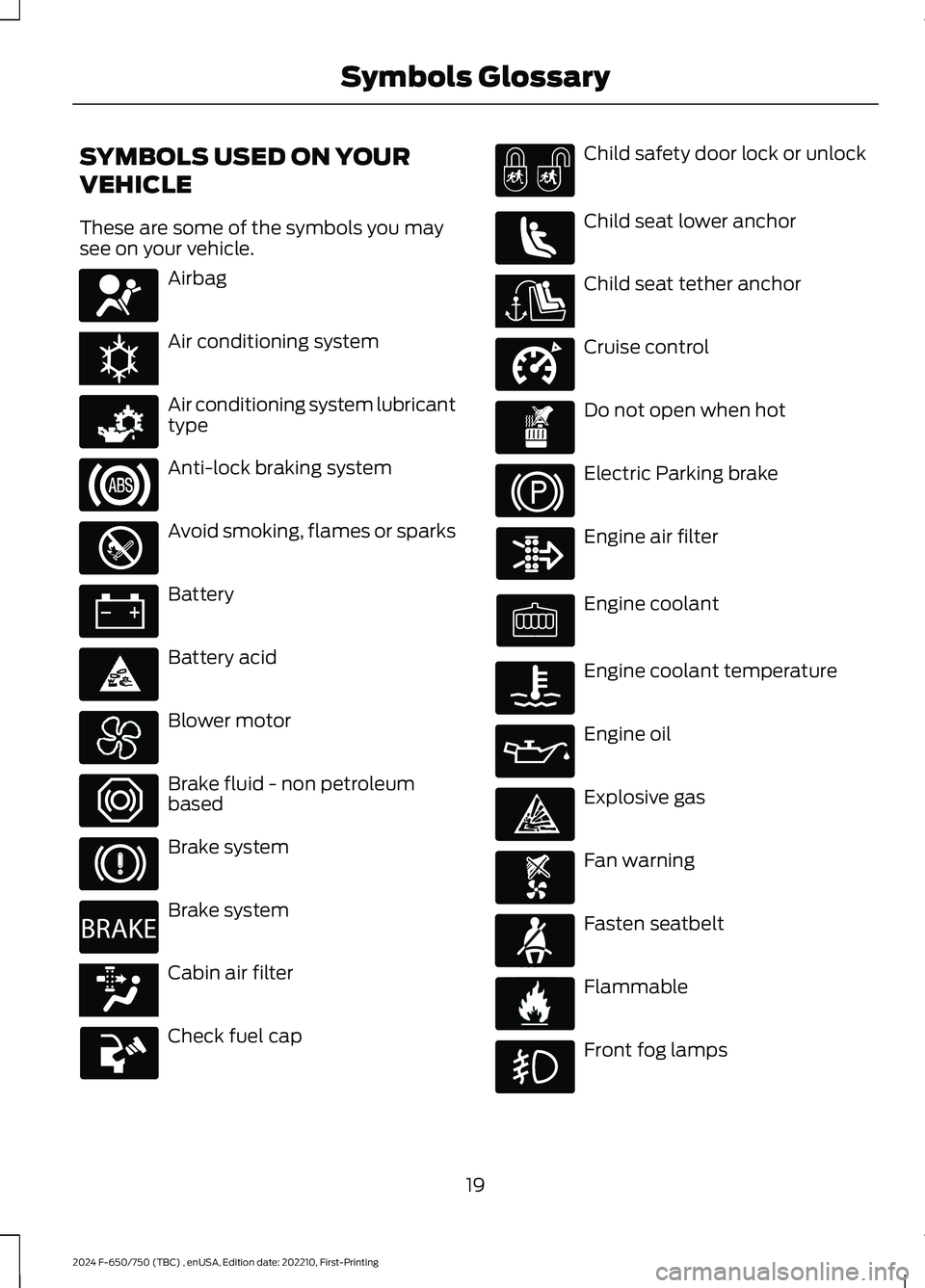 FORD F650/750 2024 Owners Manual SYMBOLS USED ON YOUR
VEHICLE
These are some of the symbols you maysee on your vehicle.
Airbag
Air conditioning system
Air conditioning system lubricanttype
Anti-lock braking system
Avoid smoking, flam FORD F650/750 2024 Owners Manual SYMBOLS USED ON YOUR
VEHICLE
These are some of the symbols you maysee on your vehicle.
Airbag
Air conditioning system
Air conditioning system lubricanttype
Anti-lock braking system
Avoid smoking, flam