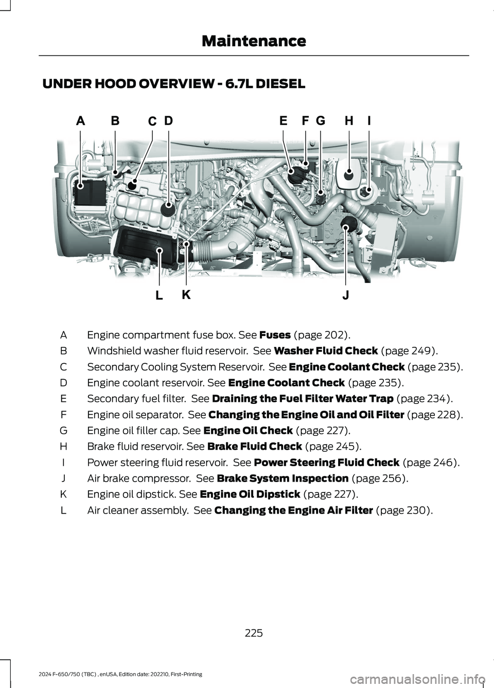 FORD F650/750 2024 Owners Guide UNDER HOOD OVERVIEW - 6.7L DIESEL
Engine compartment fuse box. See Fuses (page 202).A
Windshield washer fluid reservoir. See Washer Fluid Check (page 249).B
Secondary Cooling System Reservoir. See Eng FORD F650/750 2024 Owners Guide UNDER HOOD OVERVIEW - 6.7L DIESEL
Engine compartment fuse box. See Fuses (page 202).A
Windshield washer fluid reservoir. See Washer Fluid Check (page 249).B
Secondary Cooling System Reservoir. See Eng