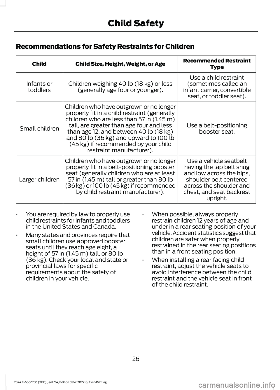FORD F650/750 2024 Owners Manual Recommendations for Safety Restraints for Children
Recommended RestraintTypeChild Size, Height, Weight, or AgeChild
Use a child restraint(sometimes called aninfant carrier, convertibleseat, or toddler FORD F650/750 2024 Owners Manual Recommendations for Safety Restraints for Children
Recommended RestraintTypeChild Size, Height, Weight, or AgeChild
Use a child restraint(sometimes called aninfant carrier, convertibleseat, or toddler