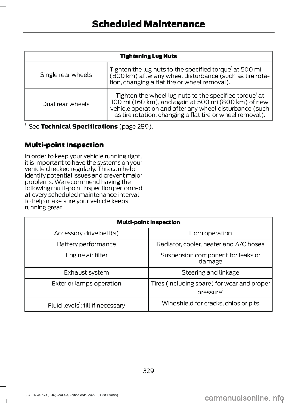 FORD F650/750 2024 Owners Manual Tightening Lug Nuts
Tighten the lug nuts to the specified torque1 at 500 mi(800 km) after any wheel disturbance (such as tire rota-tion, changing a flat tire or wheel removal).
Single rear wheels
Tigh FORD F650/750 2024 Owners Manual Tightening Lug Nuts
Tighten the lug nuts to the specified torque1 at 500 mi(800 km) after any wheel disturbance (such as tire rota-tion, changing a flat tire or wheel removal).
Single rear wheels
Tigh