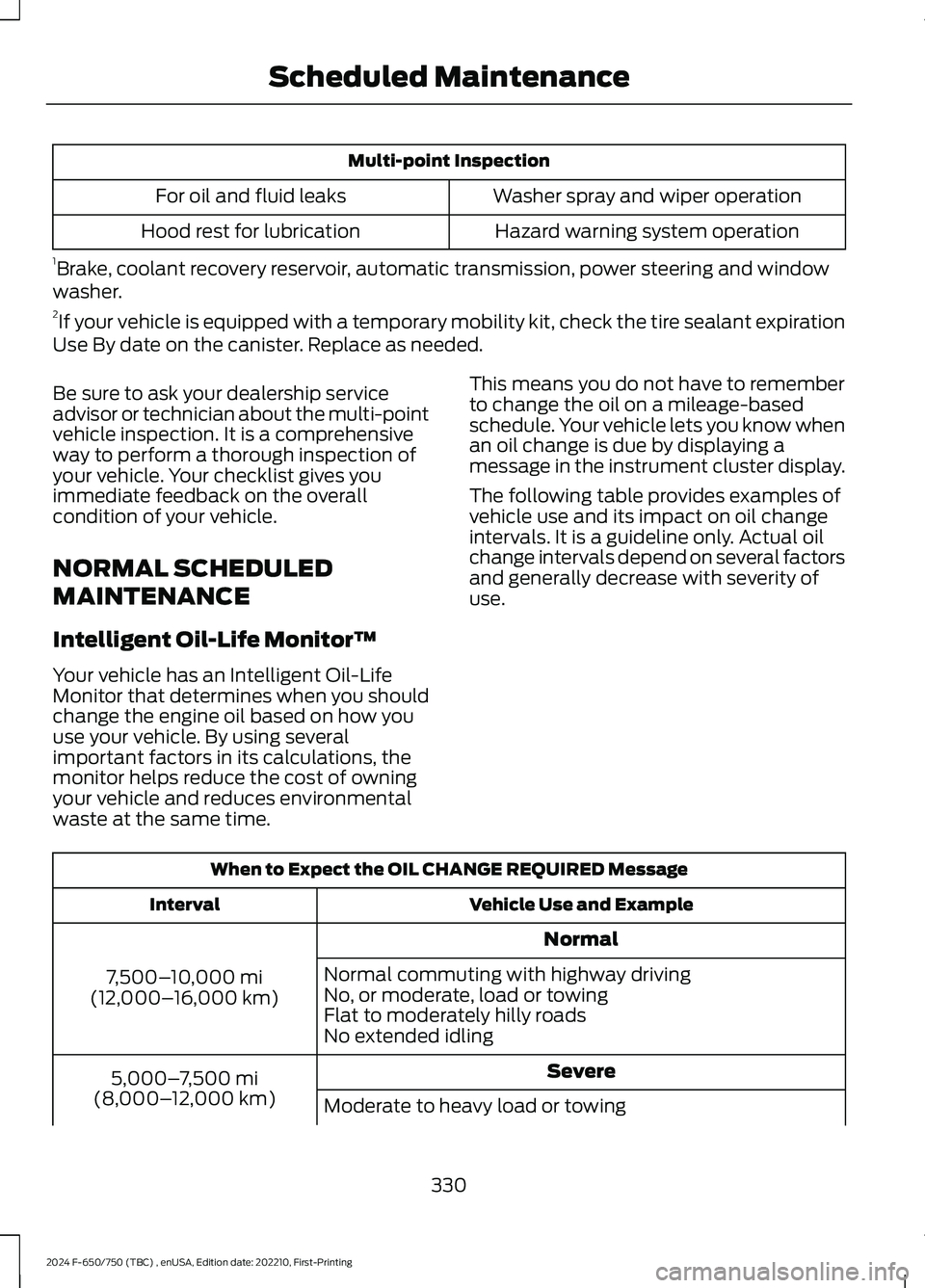 FORD F650/750 2024 Repair Manual Multi-point Inspection
Washer spray and wiper operationFor oil and fluid leaks
Hazard warning system operationHood rest for lubrication
1Brake, coolant recovery reservoir, automatic transmission, powe FORD F650/750 2024 Repair Manual Multi-point Inspection
Washer spray and wiper operationFor oil and fluid leaks
Hazard warning system operationHood rest for lubrication
1Brake, coolant recovery reservoir, automatic transmission, powe