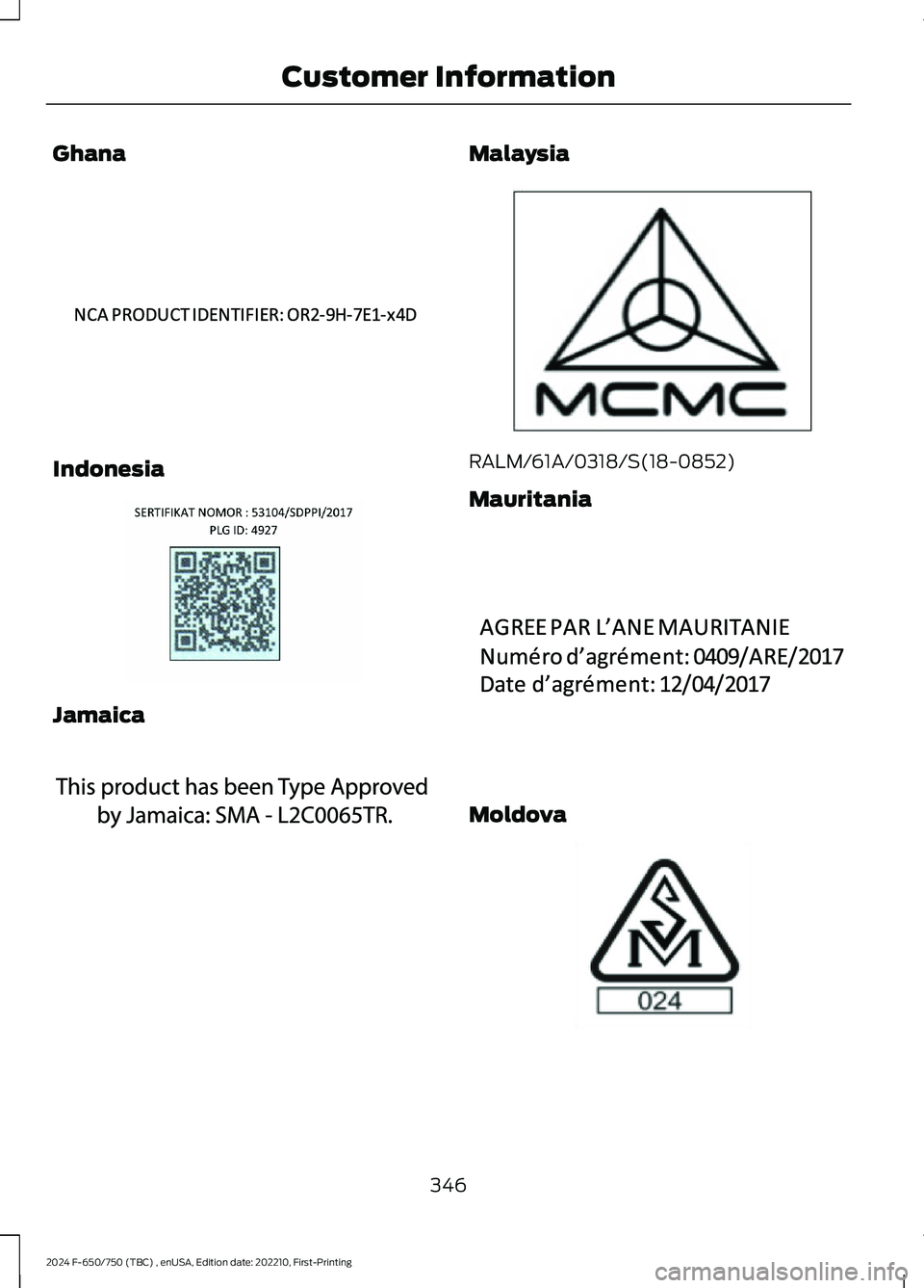 FORD F650/750 2024 Owners Manual Ghana
Indonesia
Jamaica
Malaysia
RALM/61A/0318/S(18-0852)
Mauritania
Moldova
346
2024 F-650/750 (TBC) , enUSA, Edition date: 202210, First-PrintingCustomer InformationE340191 E342395 E340518 E33983 FORD F650/750 2024 Owners Manual Ghana
Indonesia
Jamaica
Malaysia
RALM/61A/0318/S(18-0852)
Mauritania
Moldova
346
2024 F-650/750 (TBC) , enUSA, Edition date: 202210, First-PrintingCustomer InformationE340191 E342395 E340518 E33983
