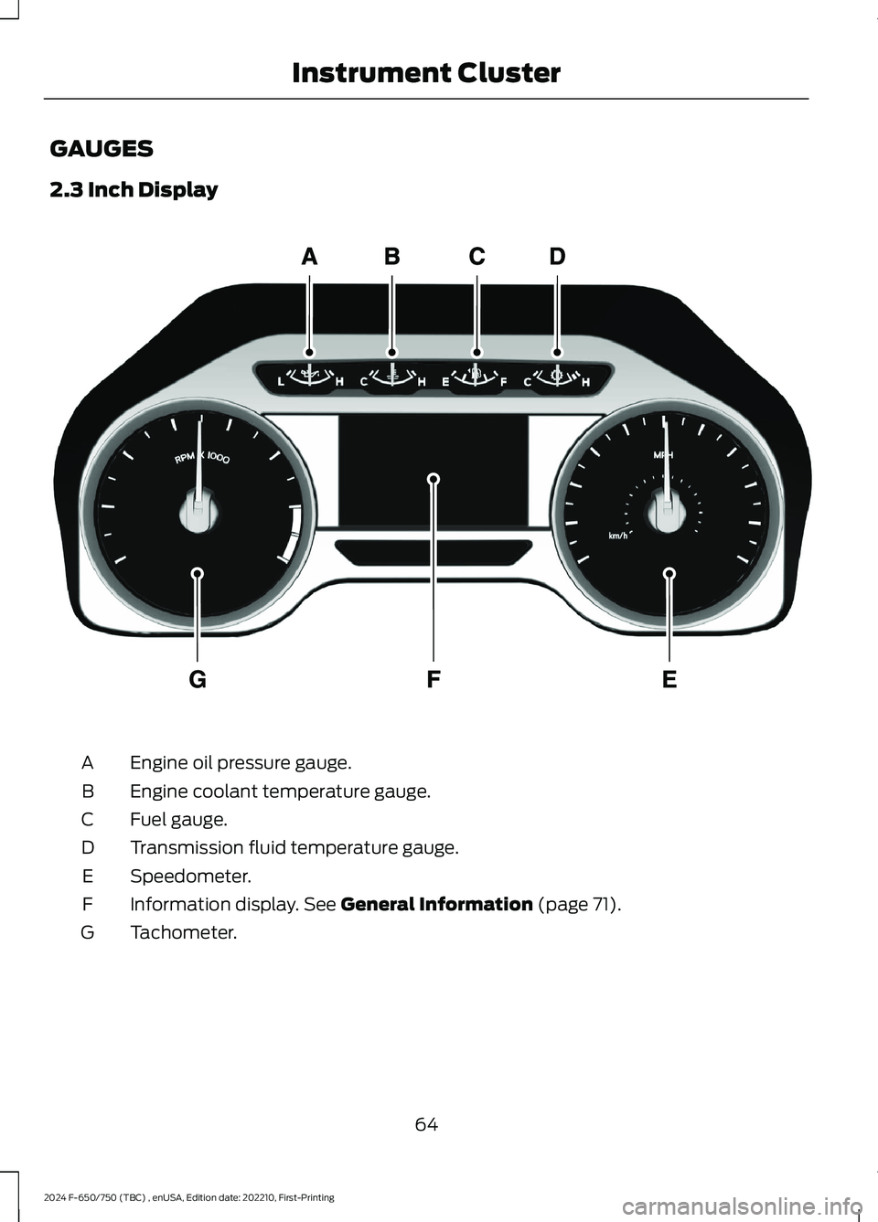 FORD F650/750 2024 Repair Manual GAUGES
2.3 Inch Display
Engine oil pressure gauge.A
Engine coolant temperature gauge.B
Fuel gauge.C
Transmission fluid temperature gauge.D
Speedometer.E
Information display. See General Information (p