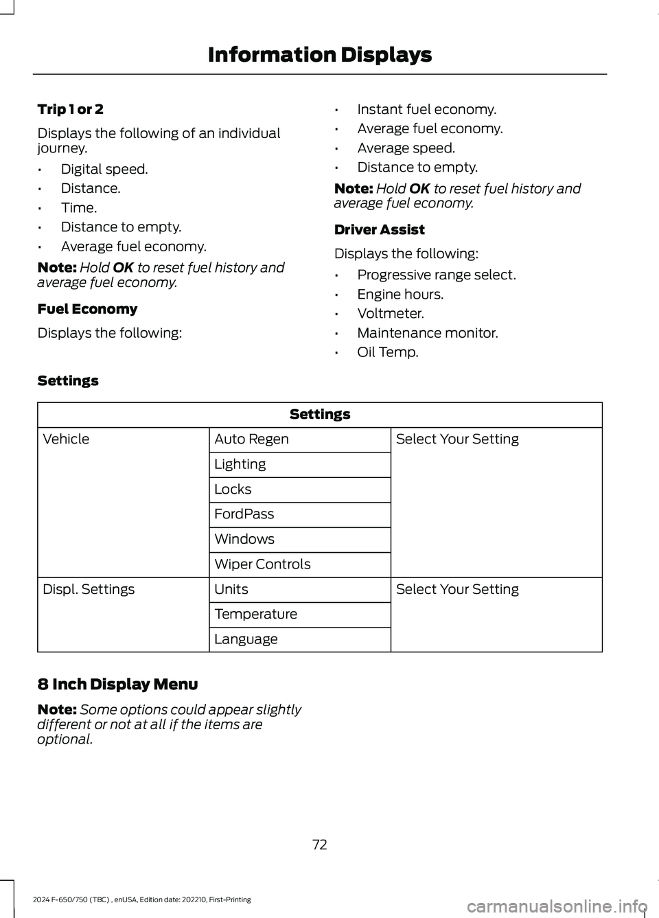 FORD F650/750 2024 Manual PDF Trip 1 or 2
Displays the following of an individualjourney.
•Digital speed.
•Distance.
•Time.
•Distance to empty.
•Average fuel economy.
Note:Hold OK to reset fuel history andaverage fuel ec FORD F650/750 2024 Manual PDF Trip 1 or 2
Displays the following of an individualjourney.
•Digital speed.
•Distance.
•Time.
•Distance to empty.
•Average fuel economy.
Note:Hold OK to reset fuel history andaverage fuel ec