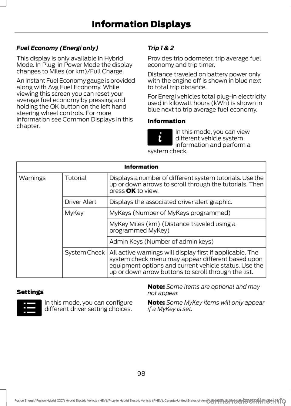FORD FUSION ENERGI 2017 Owners Manual Fuel Economy (Energi only)
This display is only available in HybridMode. In Plug-in Power Mode the displaychanges to Miles (or km)/Full Charge.
An Instant Fuel Economy gauge is providedalong with Avg FORD FUSION ENERGI 2017 Owners Manual Fuel Economy (Energi only)
This display is only available in HybridMode. In Plug-in Power Mode the displaychanges to Miles (or km)/Full Charge.
An Instant Fuel Economy gauge is providedalong with Avg