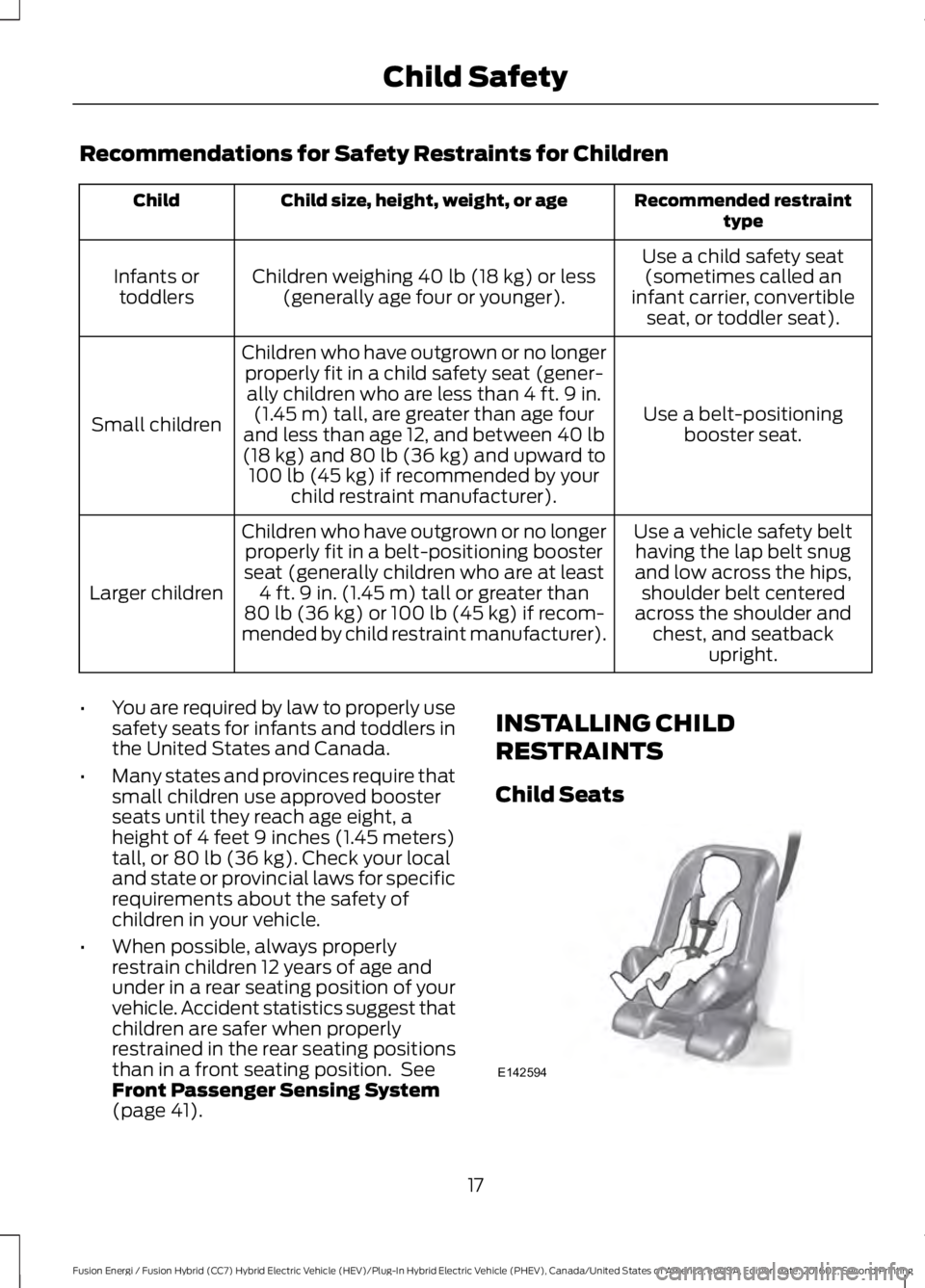 FORD FUSION ENERGI 2017 User Guide Recommendations for Safety Restraints for Children
Recommended restrainttypeChild size, height, weight, or ageChild
Use a child safety seat(sometimes called aninfant carrier, convertibleseat, or toddl FORD FUSION ENERGI 2017 User Guide Recommendations for Safety Restraints for Children
Recommended restrainttypeChild size, height, weight, or ageChild
Use a child safety seat(sometimes called aninfant carrier, convertibleseat, or toddl