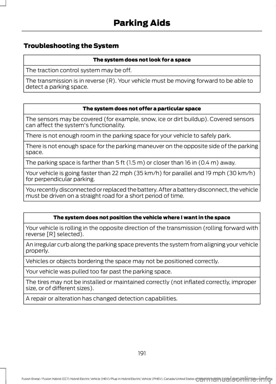 FORD FUSION ENERGI 2017 Owners Guide Troubleshooting the System
The system does not look for a space
The traction control system may be off.
The transmission is in reverse (R). Your vehicle must be moving forward to be able todetect a pa FORD FUSION ENERGI 2017 Owners Guide Troubleshooting the System
The system does not look for a space
The traction control system may be off.
The transmission is in reverse (R). Your vehicle must be moving forward to be able todetect a pa