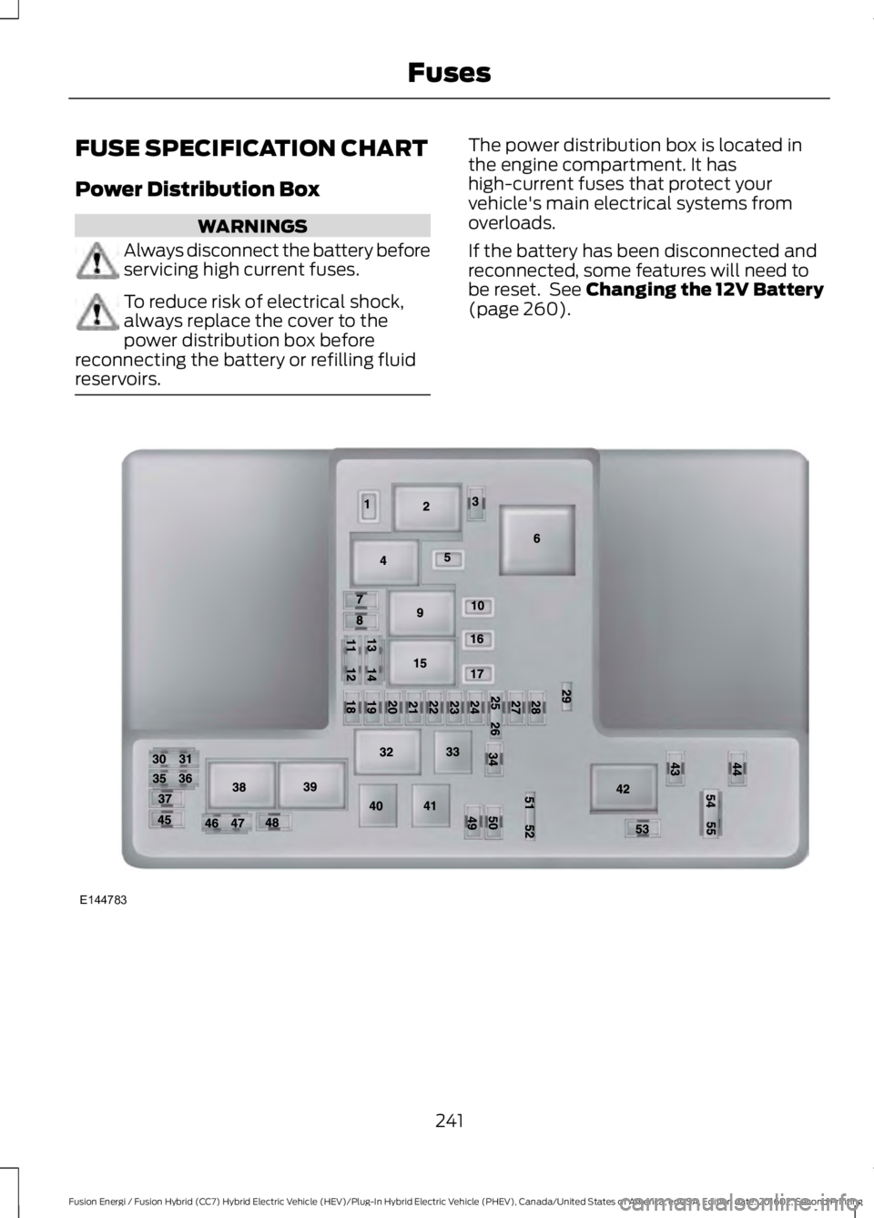 FORD FUSION ENERGI 2017 Owners Manual FUSE SPECIFICATION CHART
Power Distribution Box
WARNINGS
Always disconnect the battery beforeservicing high current fuses.
To reduce risk of electrical shock,always replace the cover to thepower distr FORD FUSION ENERGI 2017 Owners Manual FUSE SPECIFICATION CHART
Power Distribution Box
WARNINGS
Always disconnect the battery beforeservicing high current fuses.
To reduce risk of electrical shock,always replace the cover to thepower distr