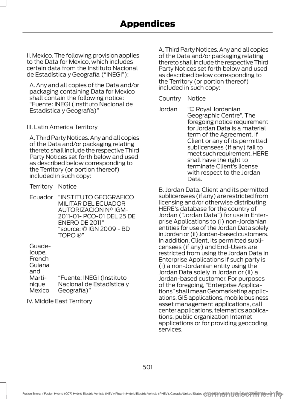 FORD FUSION ENERGI 2017 Owners Manual II. Mexico. The following provision appliesto the Data for Mexico, which includescertain data from the Instituto Nacionalde Estadística y Geografía (“INEGI”):
A. Any and all copies of the Data a FORD FUSION ENERGI 2017 Owners Manual II. Mexico. The following provision appliesto the Data for Mexico, which includescertain data from the Instituto Nacionalde Estadística y Geografía (“INEGI”):
A. Any and all copies of the Data a