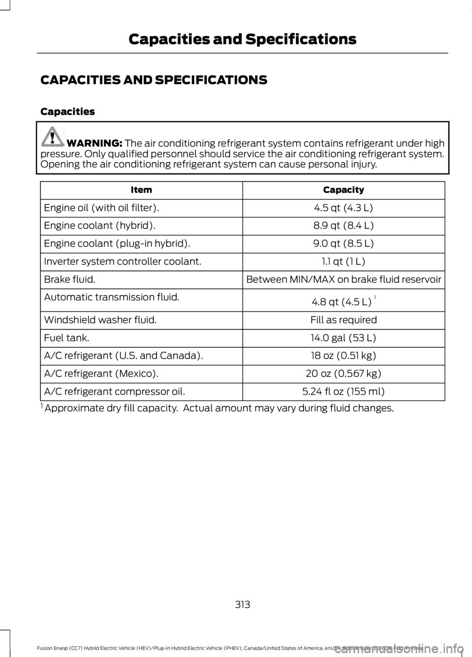 FORD FUSION ENERGI 2019 Owners Manual CAPACITIES AND SPECIFICATIONS
Capacities
WARNING: The air conditioning refrigerant system contains refrigerant under high
pressure. Only qualified personnel should service the air conditioning refrige FORD FUSION ENERGI 2019 Owners Manual CAPACITIES AND SPECIFICATIONS
Capacities
WARNING: The air conditioning refrigerant system contains refrigerant under high
pressure. Only qualified personnel should service the air conditioning refrige
