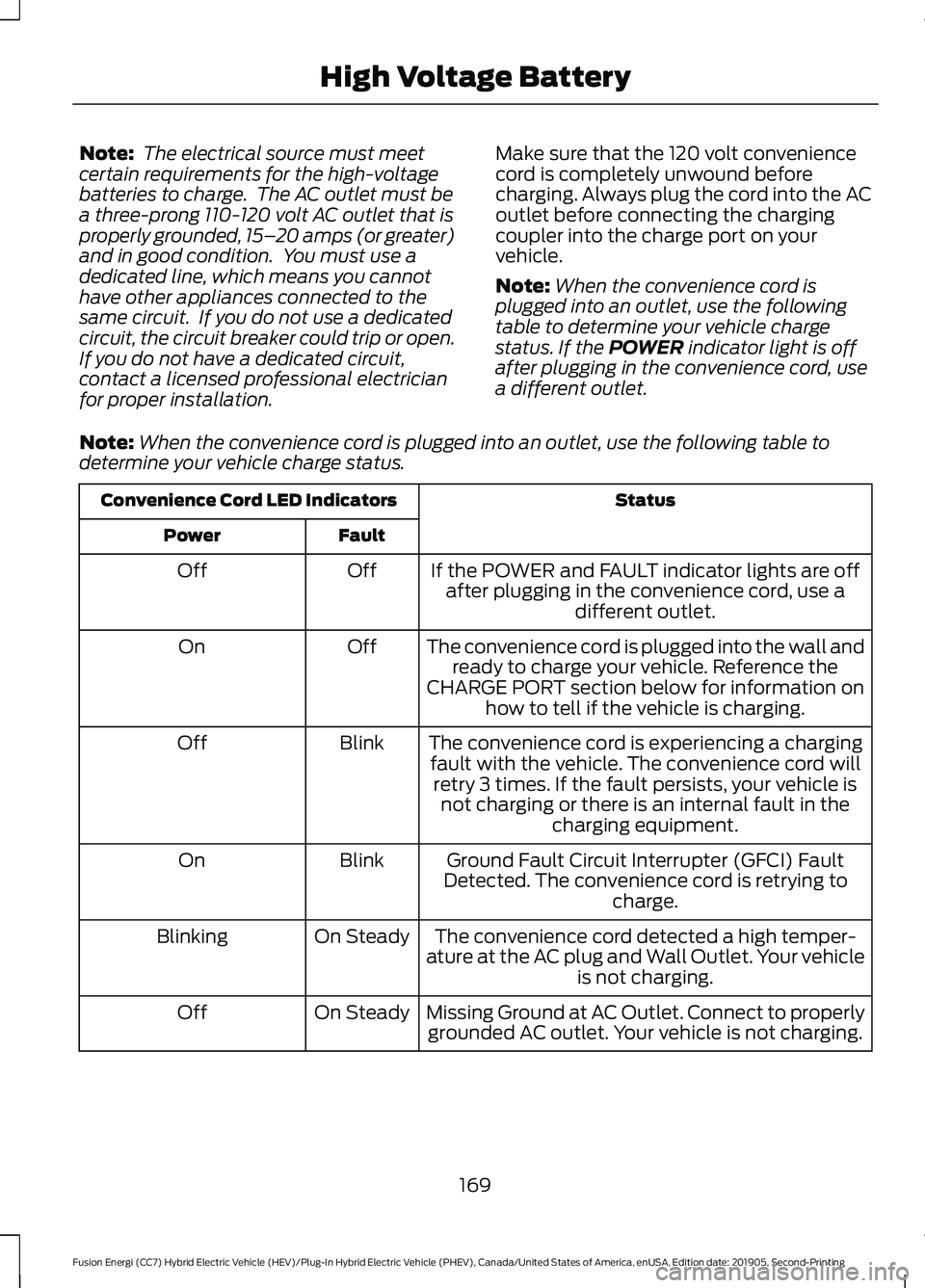 FORD FUSION ENERGI 2020 Owners Manual Note:
The electrical source must meet
certain requirements for the high-voltage
batteries to charge. The AC outlet must be
a three-prong 110-120 volt AC outlet that is
properly grounded, 15– 20 am FORD FUSION ENERGI 2020 Owners Manual Note:
The electrical source must meet
certain requirements for the high-voltage
batteries to charge. The AC outlet must be
a three-prong 110-120 volt AC outlet that is
properly grounded, 15– 20 am