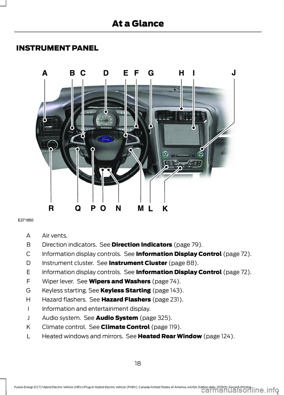 FORD FUSION ENERGI 2020 Owners Manual INSTRUMENT PANEL
Air vents.
A
Direction indicators. See Direction Indicators (page 79).
B
Information display controls. See
Information Display Control (page 72).
C
Instrument cluster. See
Instru FORD FUSION ENERGI 2020 Owners Manual INSTRUMENT PANEL
Air vents.
A
Direction indicators. See Direction Indicators (page 79).
B
Information display controls. See
Information Display Control (page 72).
C
Instrument cluster. See
Instru