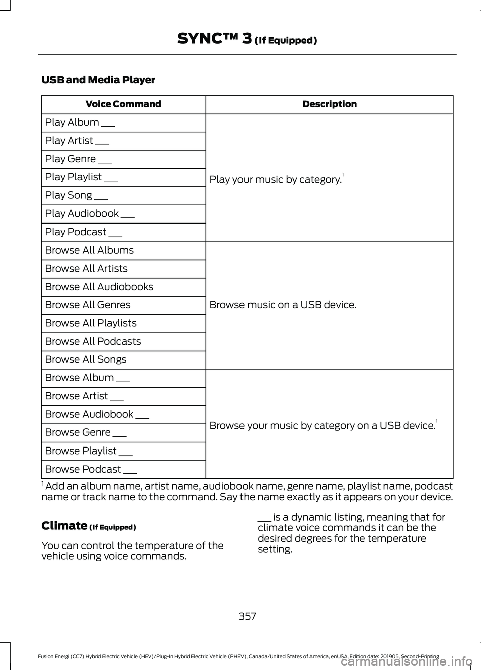 FORD FUSION ENERGI 2020  Owners Manual USB and Media Player
Description
Voice Command
Play your music by category. 1
Play Album ___
Play Artist ___
Play Genre ___
Play Playlist ___
Play Song ___
Play Audiobook ___
Play Podcast ___
Browse m