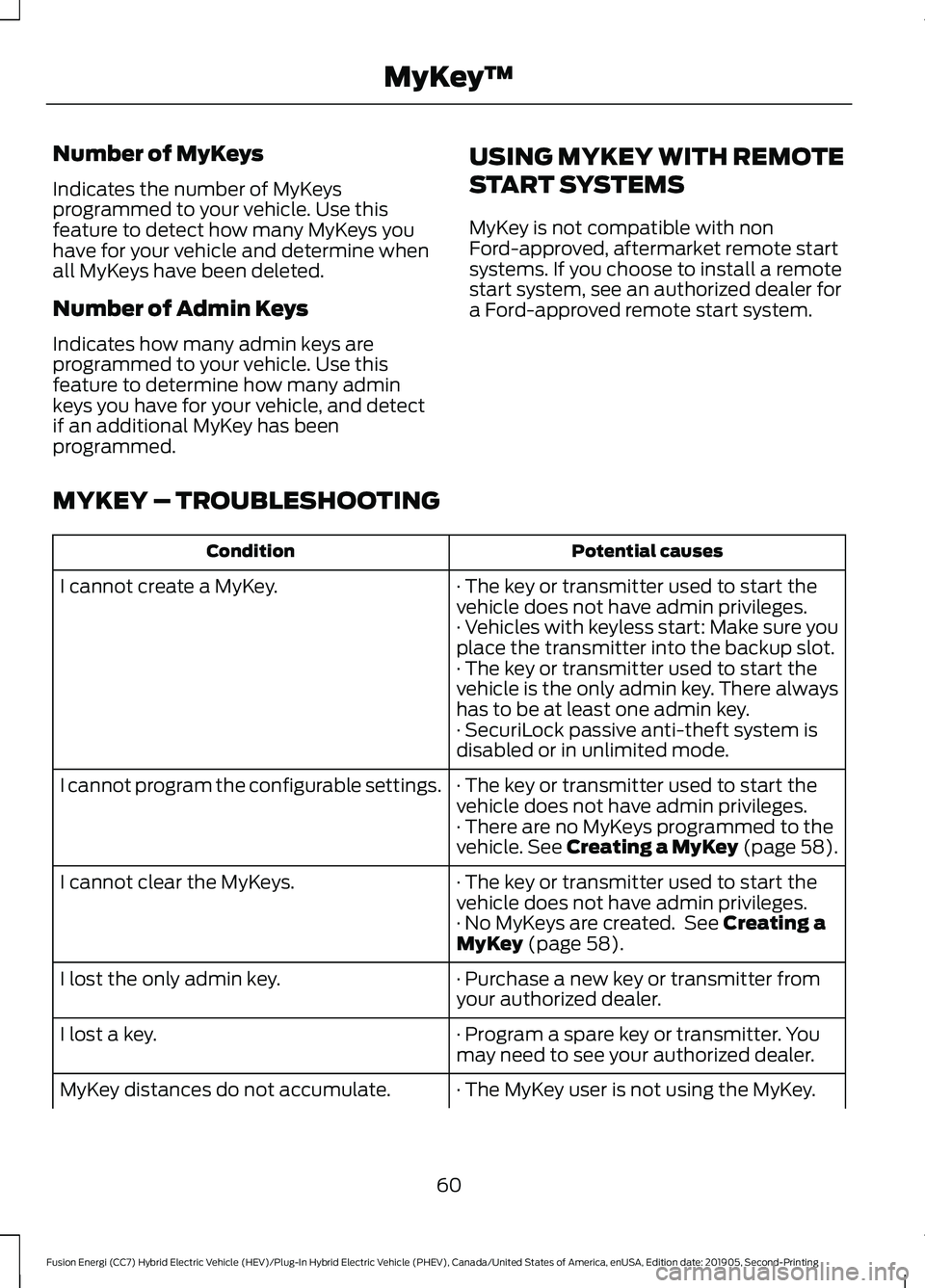 FORD FUSION ENERGI 2020 Owners Manual Number of MyKeys
Indicates the number of MyKeys
programmed to your vehicle. Use this
feature to detect how many MyKeys you
have for your vehicle and determine when
all MyKeys have been deleted.
Number FORD FUSION ENERGI 2020 Owners Manual Number of MyKeys
Indicates the number of MyKeys
programmed to your vehicle. Use this
feature to detect how many MyKeys you
have for your vehicle and determine when
all MyKeys have been deleted.
Number