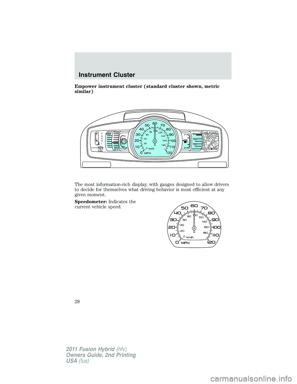 FORD FUSION HYBRID 2011 Owners Manual Empower instrument cluster (standard cluster shown, metric
similar)
The most information-rich display, with gauges designed to allow drivers
to decide for themselves what driving behavior is most effi