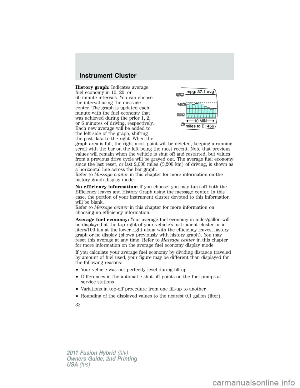 FORD FUSION HYBRID 2011  Owners Manual History graph:Indicates average
fuel economy in 10, 20, or
60 minute intervals. You can choose
the interval using the message
center. The graph is updated each
minute with the fuel economy that
was ac