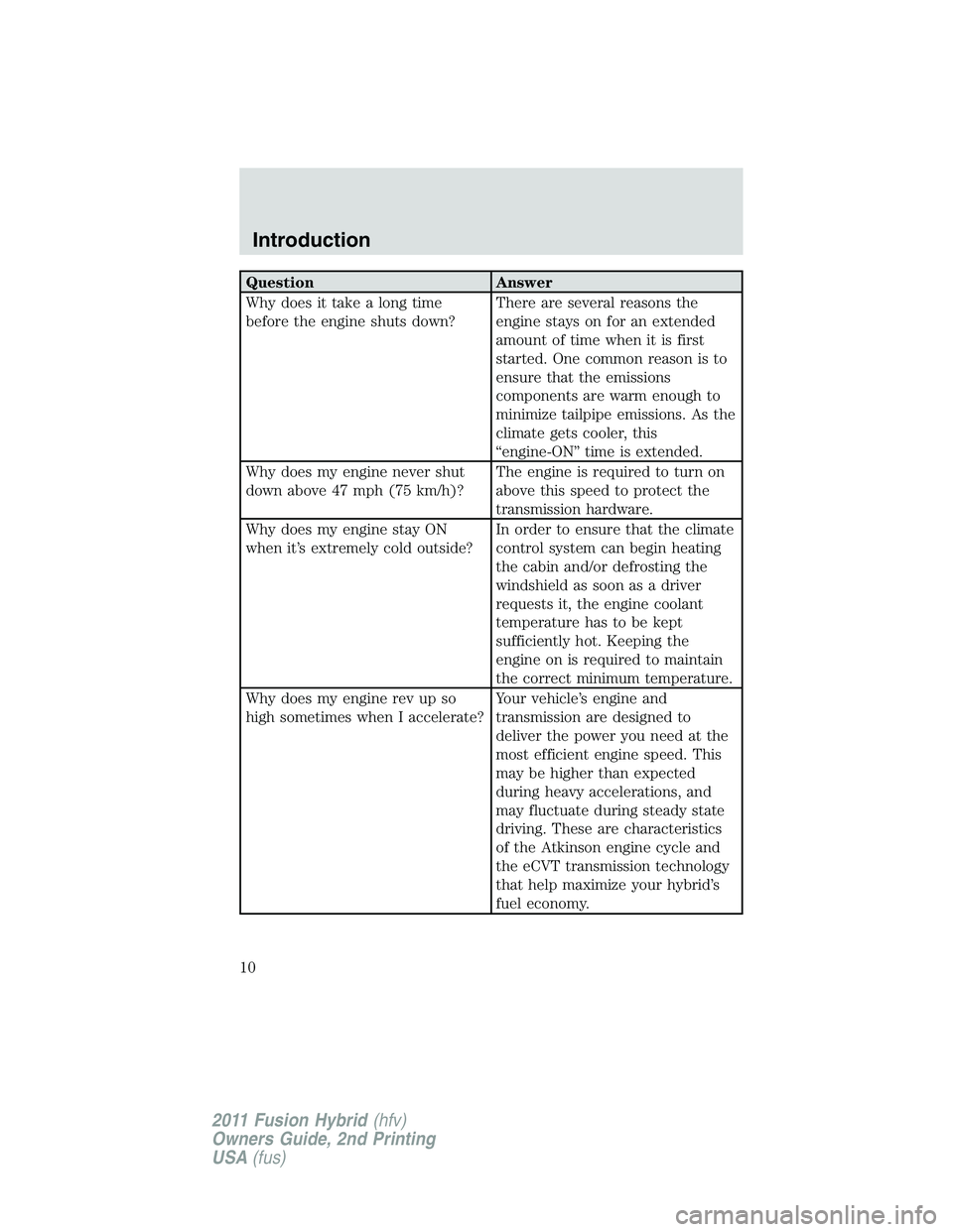 FORD FUSION HYBRID 2011  Owners Manual Question Answer
Why does it take a long time
before the engine shuts down?There are several reasons the
engine stays on for an extended
amount of time when it is first
started. One common reason is to