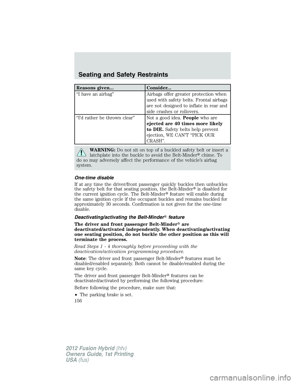 FORD FUSION HYBRID 2012  Owners Manual Reasons given... Consider...
“I have an airbag” Airbags offer greater protection when
used with safety belts. Frontal airbags
are not designed to inflate in rear and
side crashes or rollovers.
“