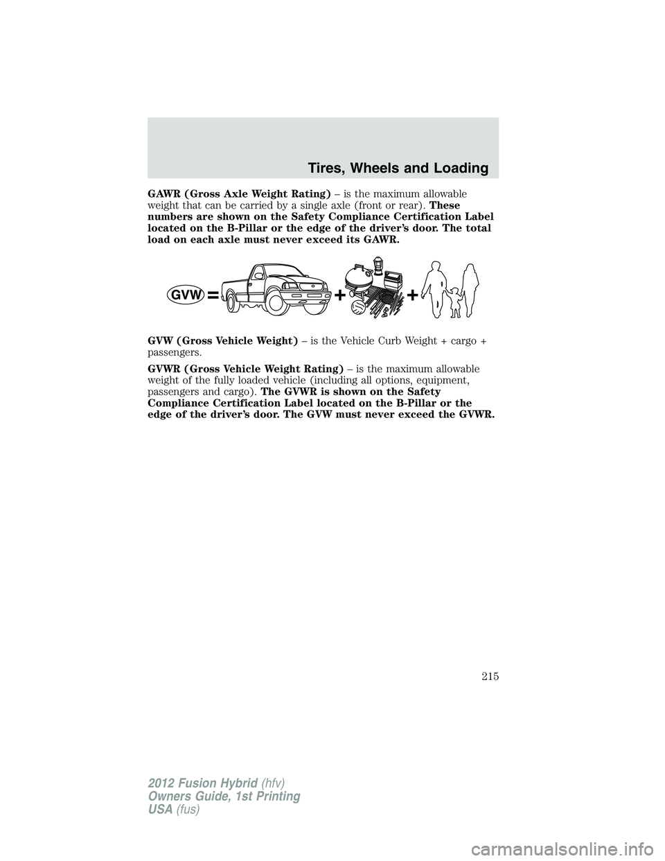 FORD FUSION HYBRID 2012  Owners Manual GAWR (Gross Axle Weight Rating)– is the maximum allowable
weight that can be carried by a single axle (front or rear).These
numbers are shown on the Safety Compliance Certification Label
located on 