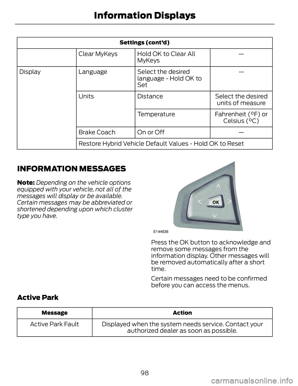 FORD FUSION HYBRID 2014 Owners Manual Settings (cont’d)
—Hold OK to Clear All
MyKeysClear MyKeys
—Select the desired
language - Hold OK to
SetLanguageDisplay
Select the desired
units of measureDistanceUnits
Fahrenheit (°F) or
Celsi FORD FUSION HYBRID 2014 Owners Manual Settings (cont’d)
—Hold OK to Clear All
MyKeysClear MyKeys
—Select the desired
language - Hold OK to
SetLanguageDisplay
Select the desired
units of measureDistanceUnits
Fahrenheit (°F) or
Celsi