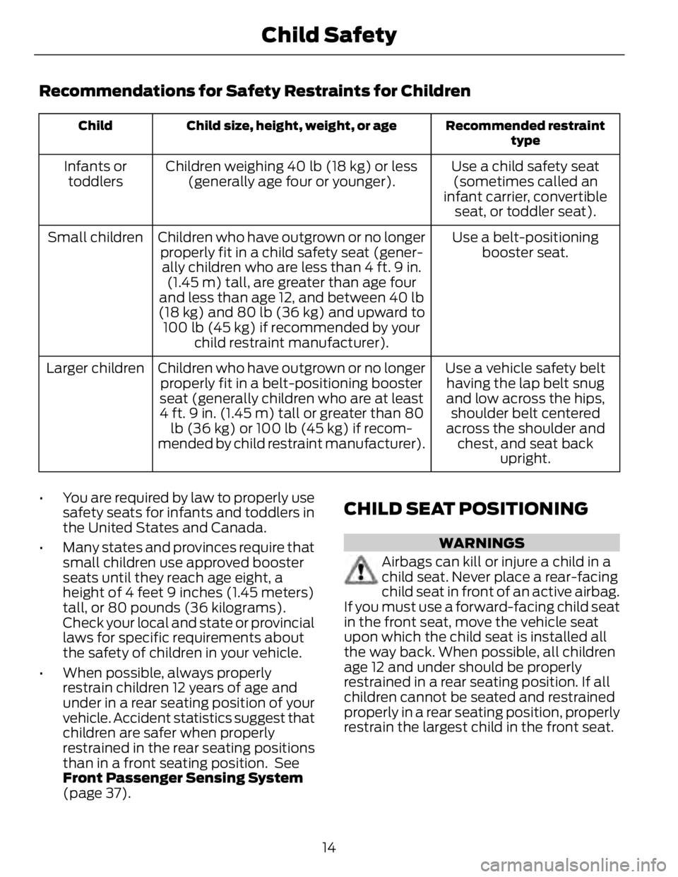 FORD FUSION HYBRID 2014 User Guide Recommendations for Safety Restraints for Children Recommended restraint
typeChild size, height, weight, or ageChild
Use a child safety seat
(sometimes called an
infant carrier, convertible
seat, or t FORD FUSION HYBRID 2014 User Guide Recommendations for Safety Restraints for Children Recommended restraint
typeChild size, height, weight, or ageChild
Use a child safety seat
(sometimes called an
infant carrier, convertible
seat, or t