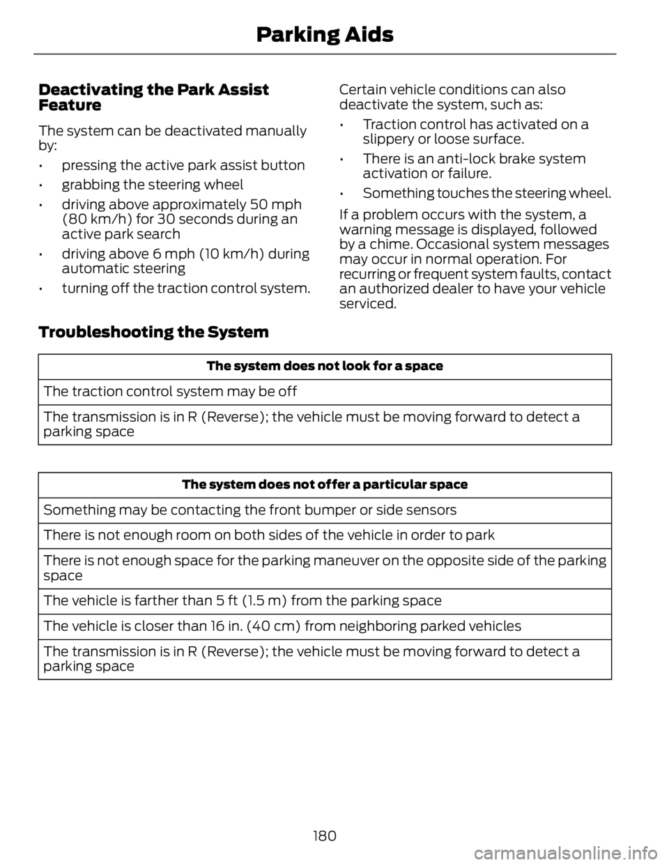 FORD FUSION HYBRID 2014 Owners Manual Deactivating the Park Assist
Feature The system can be deactivated manually
by:
• pressing the active park assist button
• grabbing the steering wheel
• driving above approximately 50 mph
(80 km FORD FUSION HYBRID 2014 Owners Manual Deactivating the Park Assist
Feature The system can be deactivated manually
by:
• pressing the active park assist button
• grabbing the steering wheel
• driving above approximately 50 mph
(80 km