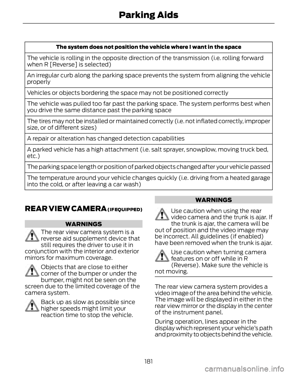 FORD FUSION HYBRID 2014  Owners Manual The system does not position the vehicle where I want in the space
The vehicle is rolling in the opposite direction of the transmission (i.e. rolling forward
when R [Reverse] is selected)
An irregular