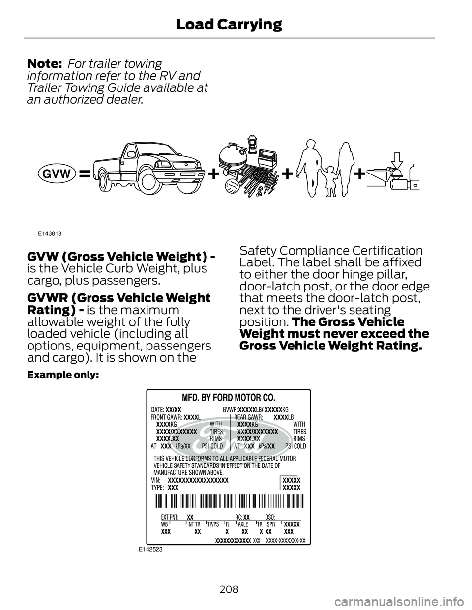 FORD FUSION HYBRID 2014 Owners Manual Note: For trailer towing
information refer to the RV and
Trailer Towing Guide available at
an authorized dealer. E143818
GVW
GVW (Gross Vehicle Weight) -
is the Vehicle Curb Weight, plus
cargo, plus FORD FUSION HYBRID 2014 Owners Manual Note: For trailer towing
information refer to the RV and
Trailer Towing Guide available at
an authorized dealer. E143818
GVW
GVW (Gross Vehicle Weight) -
is the Vehicle Curb Weight, plus
cargo, plus