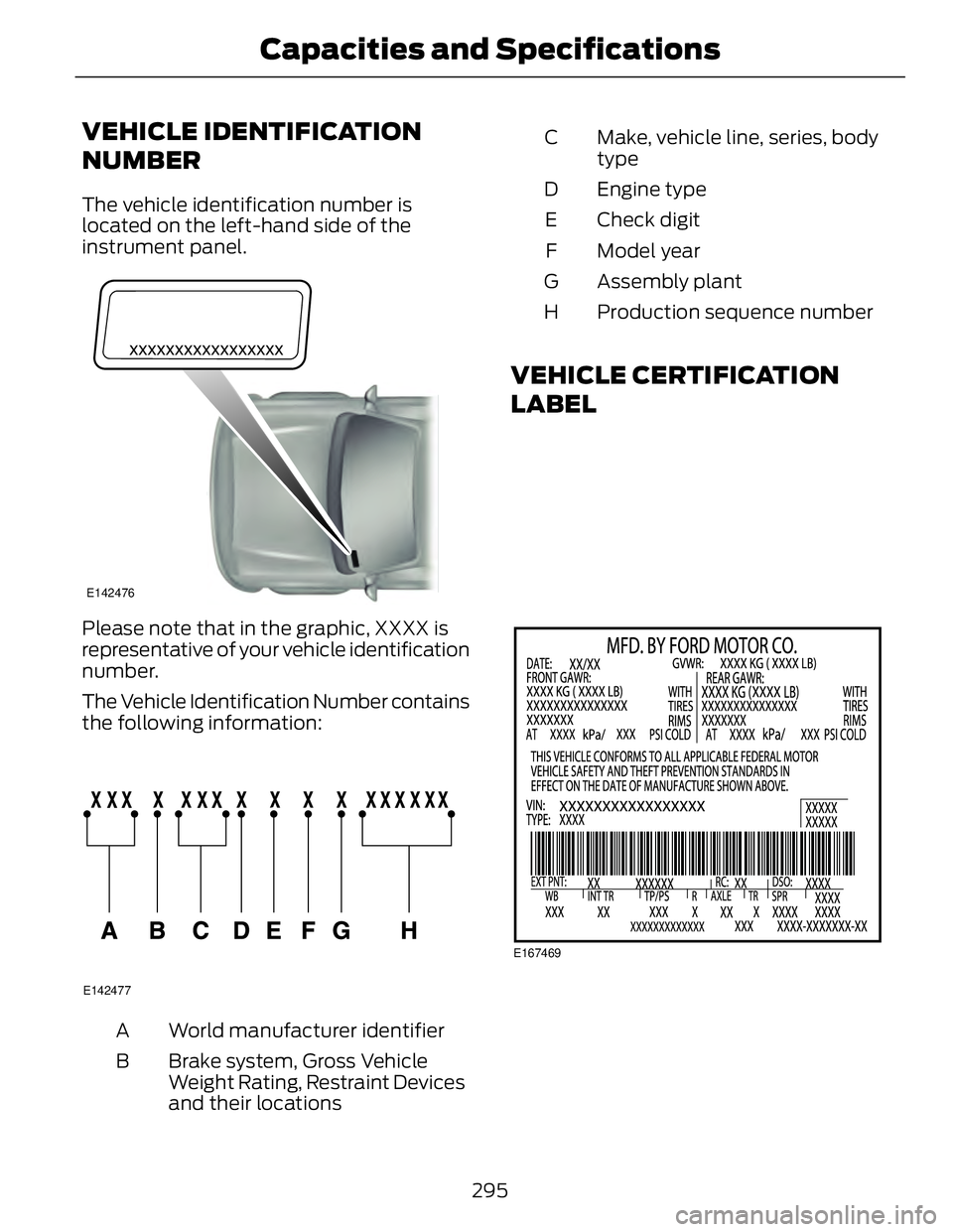 FORD FUSION HYBRID 2014 Owners Guide VEHICLE IDENTIFICATION
NUMBER The vehicle identification number is
located on the left-hand side of the
instrument panel. E142476
Please note that in the graphic, XXXX is
representative of your vehicl FORD FUSION HYBRID 2014 Owners Guide VEHICLE IDENTIFICATION
NUMBER The vehicle identification number is
located on the left-hand side of the
instrument panel. E142476
Please note that in the graphic, XXXX is
representative of your vehicl