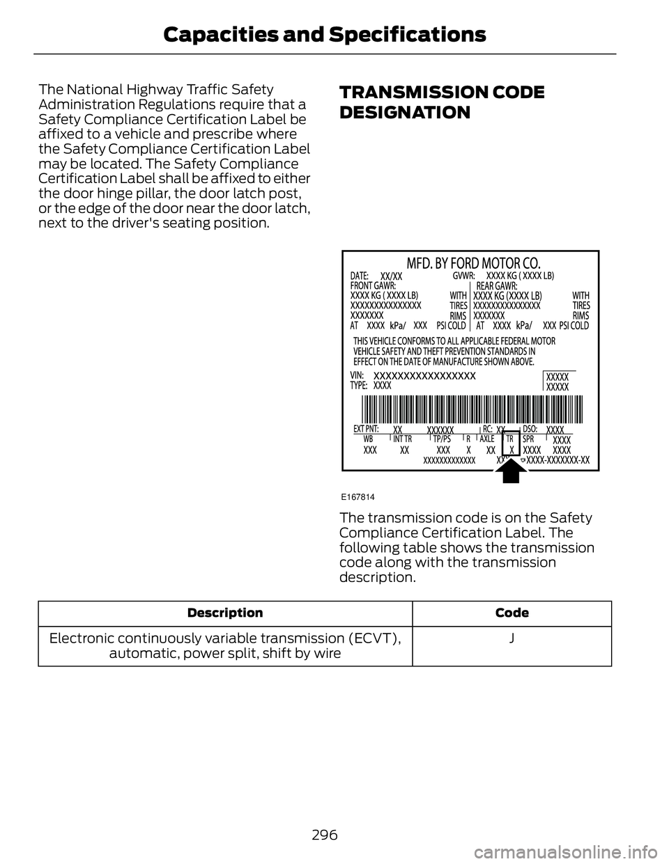 FORD FUSION HYBRID 2014 Owners Manual The National Highway Traffic Safety
Administration Regulations require that a
Safety Compliance Certification Label be
affixed to a vehicle and prescribe where
the Safety Compliance Certification Labe FORD FUSION HYBRID 2014 Owners Manual The National Highway Traffic Safety
Administration Regulations require that a
Safety Compliance Certification Label be
affixed to a vehicle and prescribe where
the Safety Compliance Certification Labe