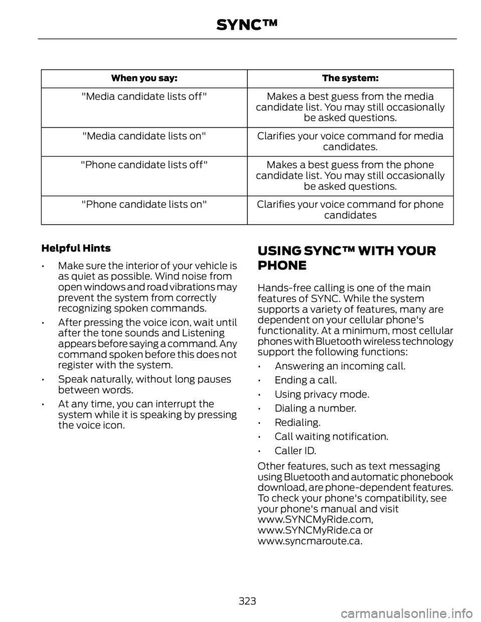 FORD FUSION HYBRID 2014 Owners Manual The system:When you say:
Makes a best guess from the media
candidate list. You may still occasionally
be asked questions."Media candidate lists off"
Clarifies your voice command for media
cand FORD FUSION HYBRID 2014 Owners Manual The system:When you say:
Makes a best guess from the media
candidate list. You may still occasionally
be asked questions."Media candidate lists off"
Clarifies your voice command for media
cand