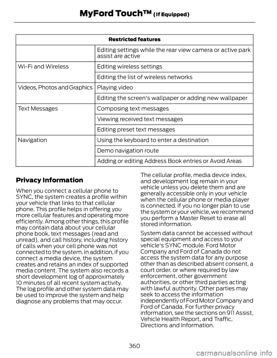 FORD FUSION HYBRID 2014 User Guide Restricted features
Editing settings while the rear view camera or active park
assist are active
Editing wireless settingsWi-Fi and Wireless
Editing the list of wireless networks
Playing videoVideos, FORD FUSION HYBRID 2014 User Guide Restricted features
Editing settings while the rear view camera or active park
assist are active
Editing wireless settingsWi-Fi and Wireless
Editing the list of wireless networks
Playing videoVideos,