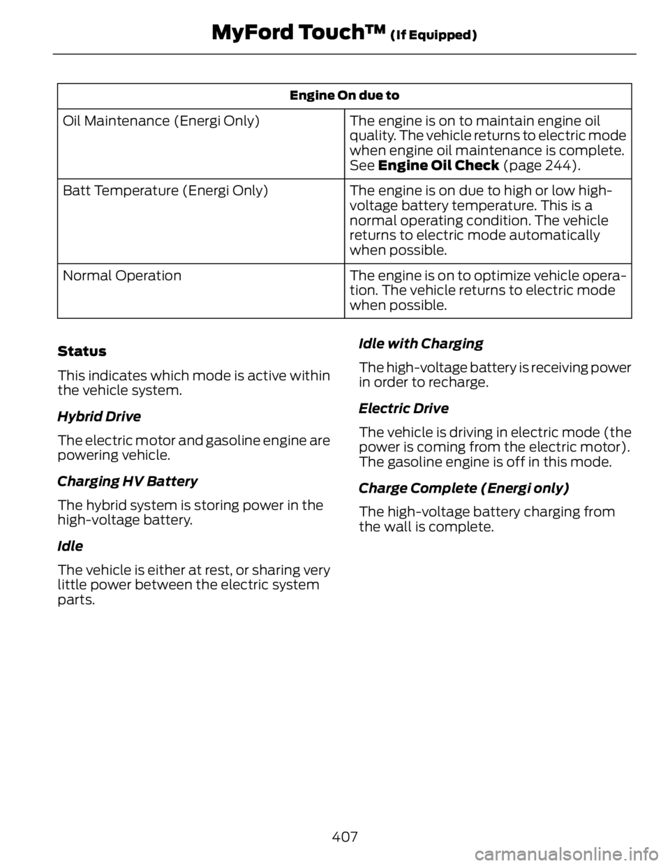 FORD FUSION HYBRID 2014 Owners Guide Engine On due to
The engine is on to maintain engine oil
quality. The vehicle returns to electric mode
when engine oil maintenance is complete.
See Engine Oil Check (page 244).Oil Maintenance (Energ FORD FUSION HYBRID 2014 Owners Guide Engine On due to
The engine is on to maintain engine oil
quality. The vehicle returns to electric mode
when engine oil maintenance is complete.
See Engine Oil Check (page 244).Oil Maintenance (Energ