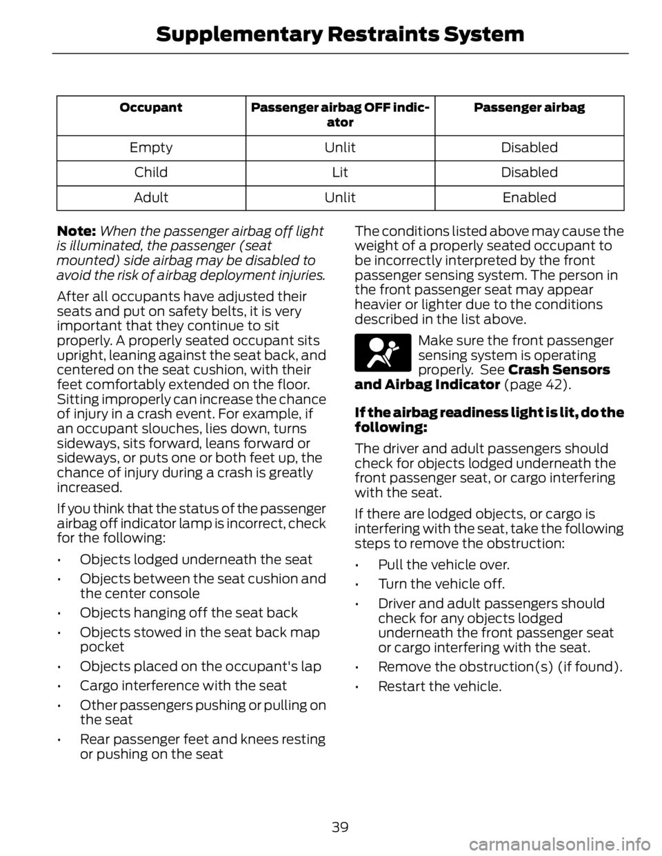 FORD FUSION HYBRID 2014 Service Manual Passenger airbagPassenger airbag OFF indic-
atorOccupant
DisabledUnlitEmpty
DisabledLitChild
EnabledUnlitAdult
Note: When the passenger airbag off light
is illuminated, the passenger (seat
mounted) si FORD FUSION HYBRID 2014 Service Manual Passenger airbagPassenger airbag OFF indic-
atorOccupant
DisabledUnlitEmpty
DisabledLitChild
EnabledUnlitAdult
Note: When the passenger airbag off light
is illuminated, the passenger (seat
mounted) si