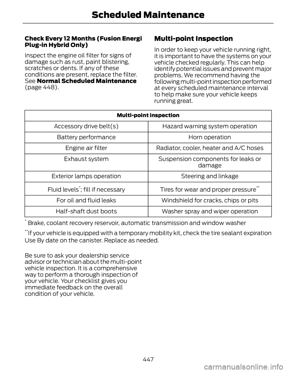 FORD FUSION HYBRID 2014 Owners Manual Check Every 12 Months (Fusion Energi
Plug-in Hybrid Only)
Inspect the engine oil filter for signs of
damage such as rust, paint blistering,
scratches or dents. If any of these
conditions are present, FORD FUSION HYBRID 2014 Owners Manual Check Every 12 Months (Fusion Energi
Plug-in Hybrid Only)
Inspect the engine oil filter for signs of
damage such as rust, paint blistering,
scratches or dents. If any of these
conditions are present,