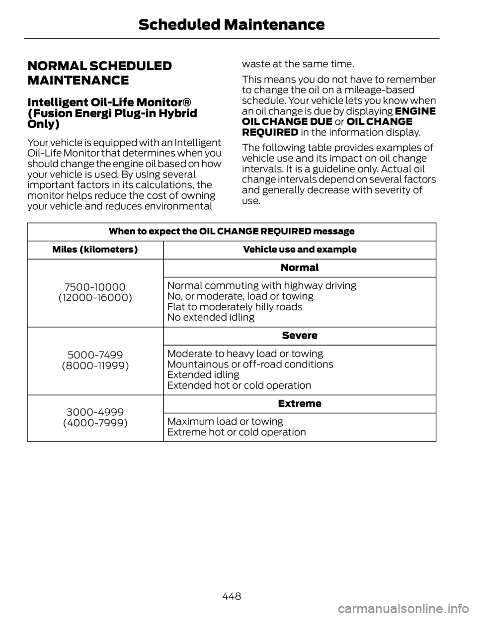 FORD FUSION HYBRID 2014 Owners Manual NORMAL SCHEDULED
MAINTENANCE Intelligent Oil-Life Monitor®
(Fusion Energi Plug-in Hybrid
Only) Your vehicle is equipped with an Intelligent
Oil-Life Monitor that determines when you
should change the FORD FUSION HYBRID 2014 Owners Manual NORMAL SCHEDULED
MAINTENANCE Intelligent Oil-Life Monitor®
(Fusion Energi Plug-in Hybrid
Only) Your vehicle is equipped with an Intelligent
Oil-Life Monitor that determines when you
should change the