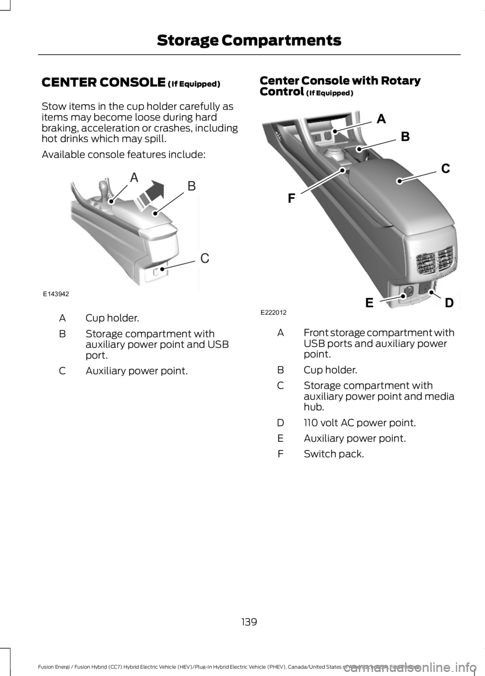 FORD FUSION HYBRID 2017 Owners Manual CENTER CONSOLE (If Equipped)
Stow items in the cup holder carefully asitems may become loose during hardbraking, acceleration or crashes, includinghot drinks which may spill.
Available console feature FORD FUSION HYBRID 2017 Owners Manual CENTER CONSOLE (If Equipped)
Stow items in the cup holder carefully asitems may become loose during hardbraking, acceleration or crashes, includinghot drinks which may spill.
Available console feature