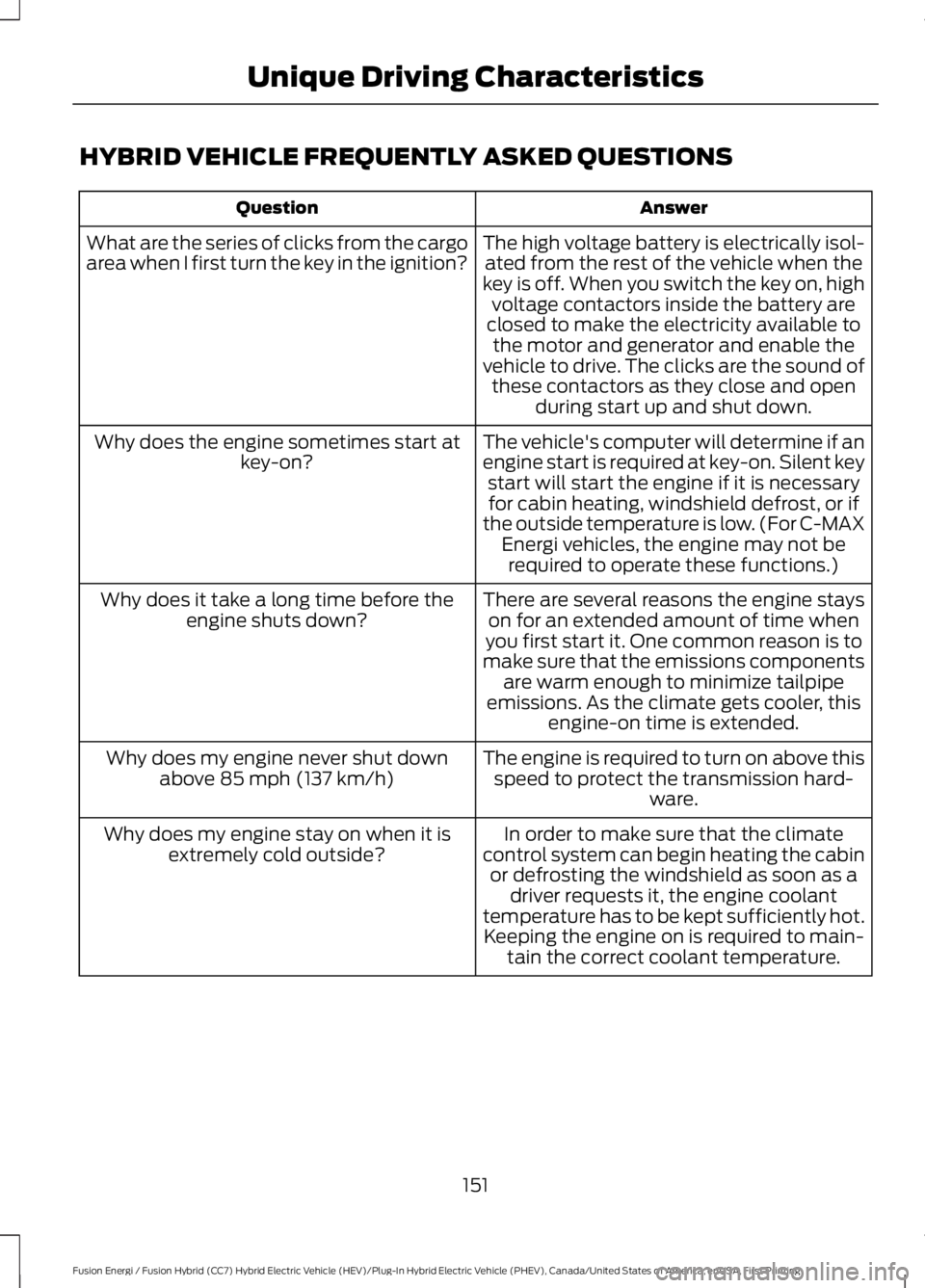 FORD FUSION HYBRID 2017 Owners Manual HYBRID VEHICLE FREQUENTLY ASKED QUESTIONS
AnswerQuestion
The high voltage battery is electrically isol-ated from the rest of the vehicle when thekey is off. When you switch the key on, highvoltage con FORD FUSION HYBRID 2017 Owners Manual HYBRID VEHICLE FREQUENTLY ASKED QUESTIONS
AnswerQuestion
The high voltage battery is electrically isol-ated from the rest of the vehicle when thekey is off. When you switch the key on, highvoltage con