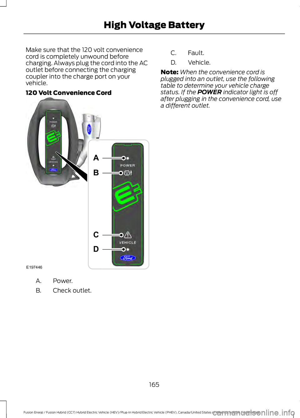 FORD FUSION HYBRID 2017 Owners Manual Make sure that the 120 volt conveniencecord is completely unwound beforecharging. Always plug the cord into the ACoutlet before connecting the chargingcoupler into the charge port on yourvehicle.
120 FORD FUSION HYBRID 2017 Owners Manual Make sure that the 120 volt conveniencecord is completely unwound beforecharging. Always plug the cord into the ACoutlet before connecting the chargingcoupler into the charge port on yourvehicle.
120