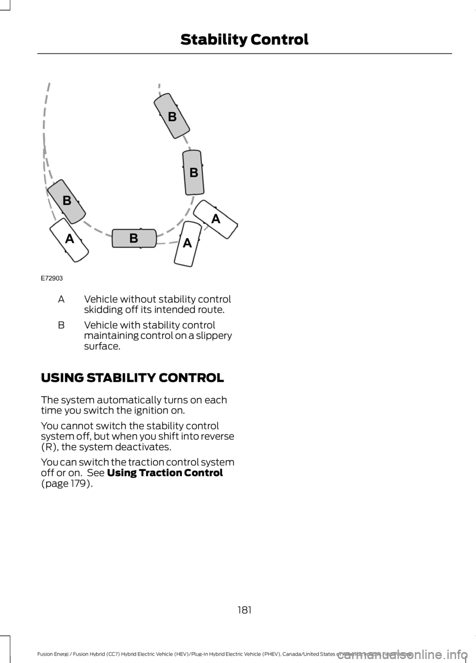 FORD FUSION HYBRID 2017 Owners Manual Vehicle without stability controlskidding off its intended route.A
Vehicle with stability controlmaintaining control on a slipperysurface.
B
USING STABILITY CONTROL
The system automatically turns on e FORD FUSION HYBRID 2017 Owners Manual Vehicle without stability controlskidding off its intended route.A
Vehicle with stability controlmaintaining control on a slipperysurface.
B
USING STABILITY CONTROL
The system automatically turns on e