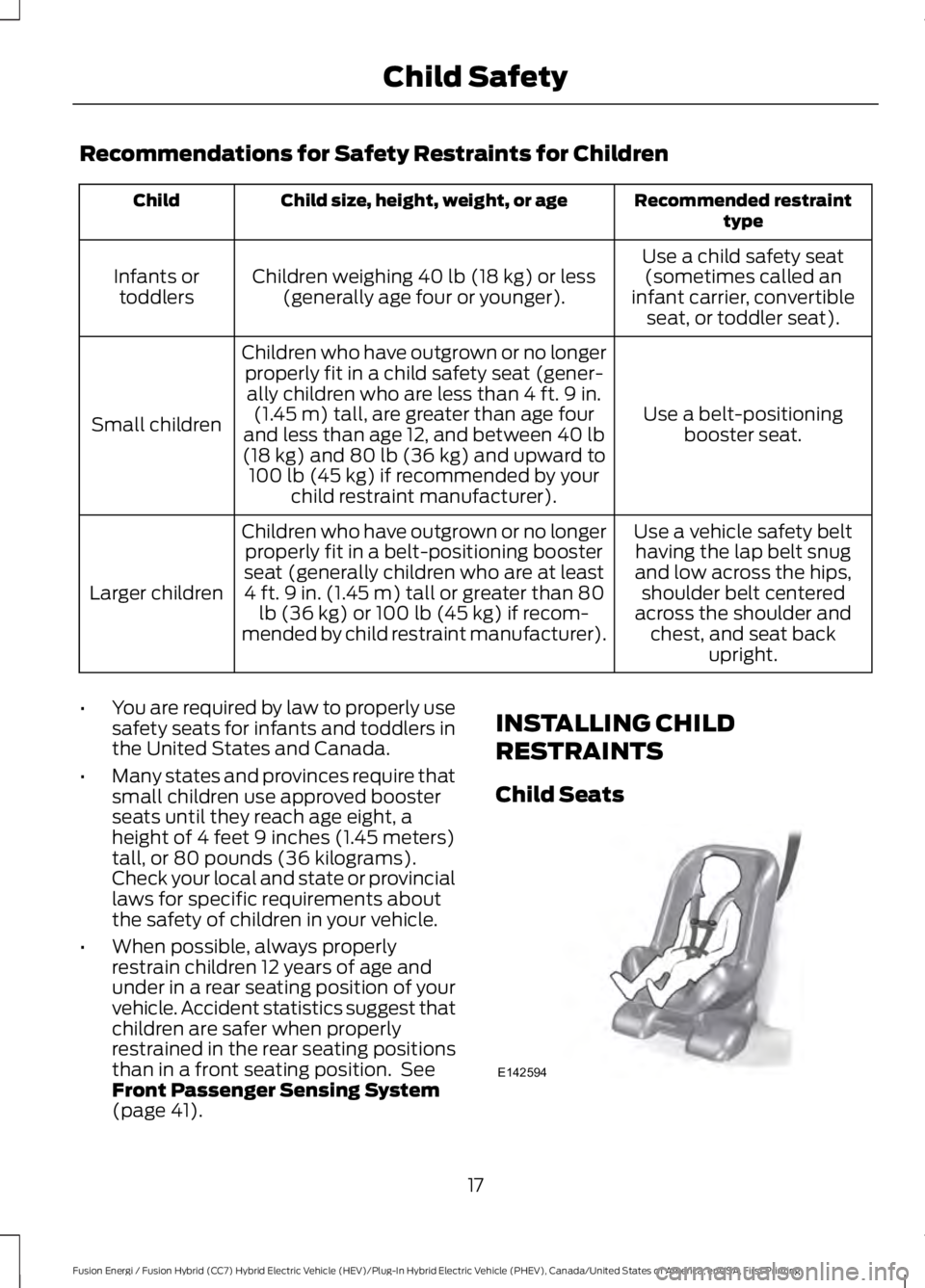 FORD FUSION HYBRID 2017 User Guide Recommendations for Safety Restraints for Children
Recommended restrainttypeChild size, height, weight, or ageChild
Use a child safety seat(sometimes called aninfant carrier, convertibleseat, or toddl FORD FUSION HYBRID 2017 User Guide Recommendations for Safety Restraints for Children
Recommended restrainttypeChild size, height, weight, or ageChild
Use a child safety seat(sometimes called aninfant carrier, convertibleseat, or toddl