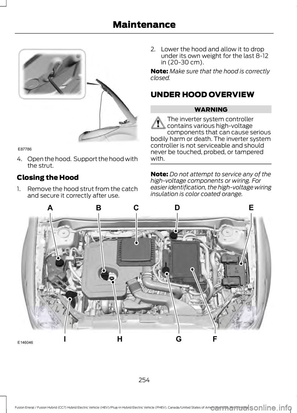 FORD FUSION HYBRID 2017 Owners Manual 4.Open the hood. Support the hood withthe strut.
Closing the Hood
1.Remove the hood strut from the catchand secure it correctly after use.
2. Lower the hood and allow it to dropunder its own weight f FORD FUSION HYBRID 2017 Owners Manual 4.Open the hood. Support the hood withthe strut.
Closing the Hood
1.Remove the hood strut from the catchand secure it correctly after use.
2. Lower the hood and allow it to dropunder its own weight f