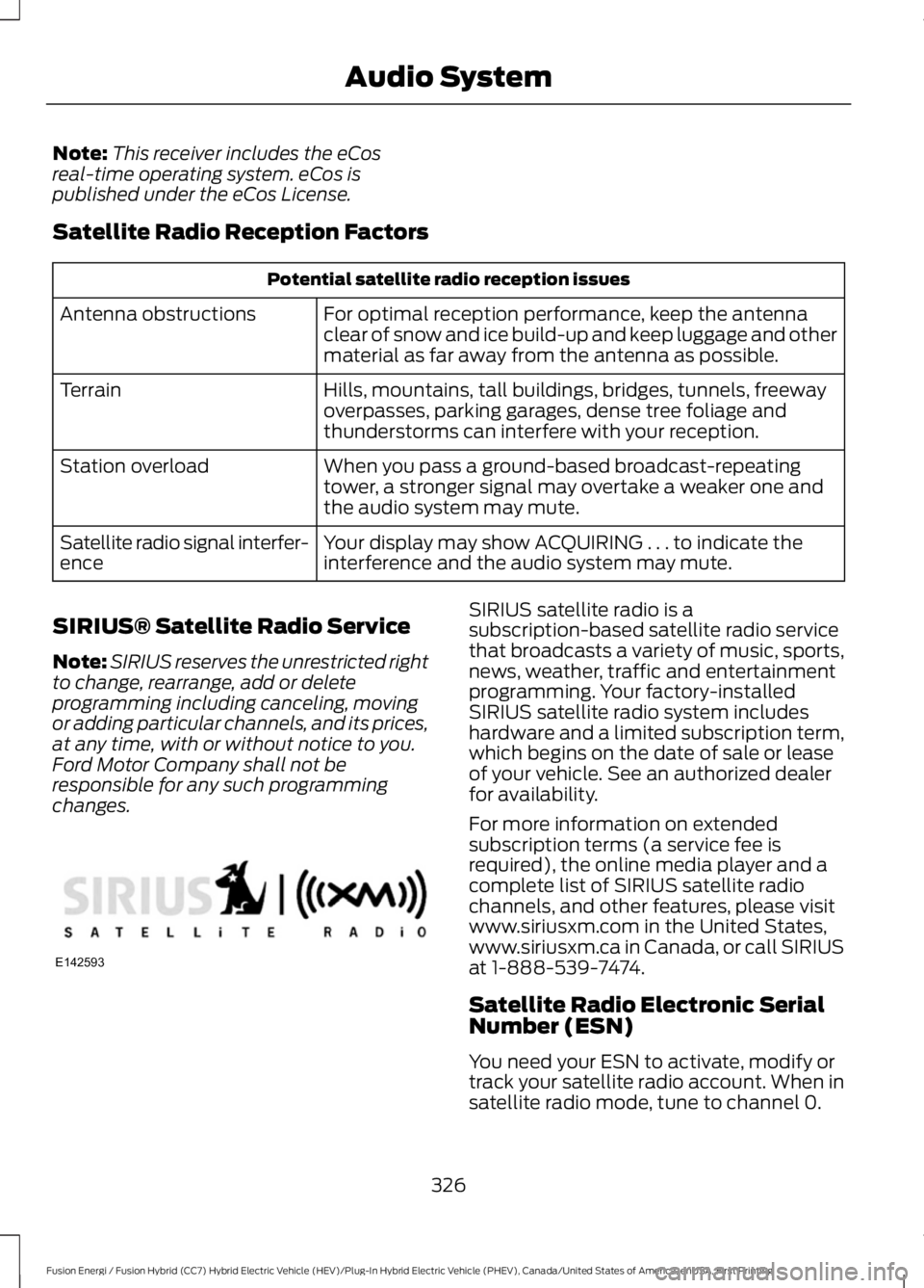 FORD FUSION HYBRID 2017 Owners Manual Note:This receiver includes the eCosreal-time operating system. eCos ispublished under the eCos License.
Satellite Radio Reception Factors
Potential satellite radio reception issues
For optimal recept FORD FUSION HYBRID 2017 Owners Manual Note:This receiver includes the eCosreal-time operating system. eCos ispublished under the eCos License.
Satellite Radio Reception Factors
Potential satellite radio reception issues
For optimal recept