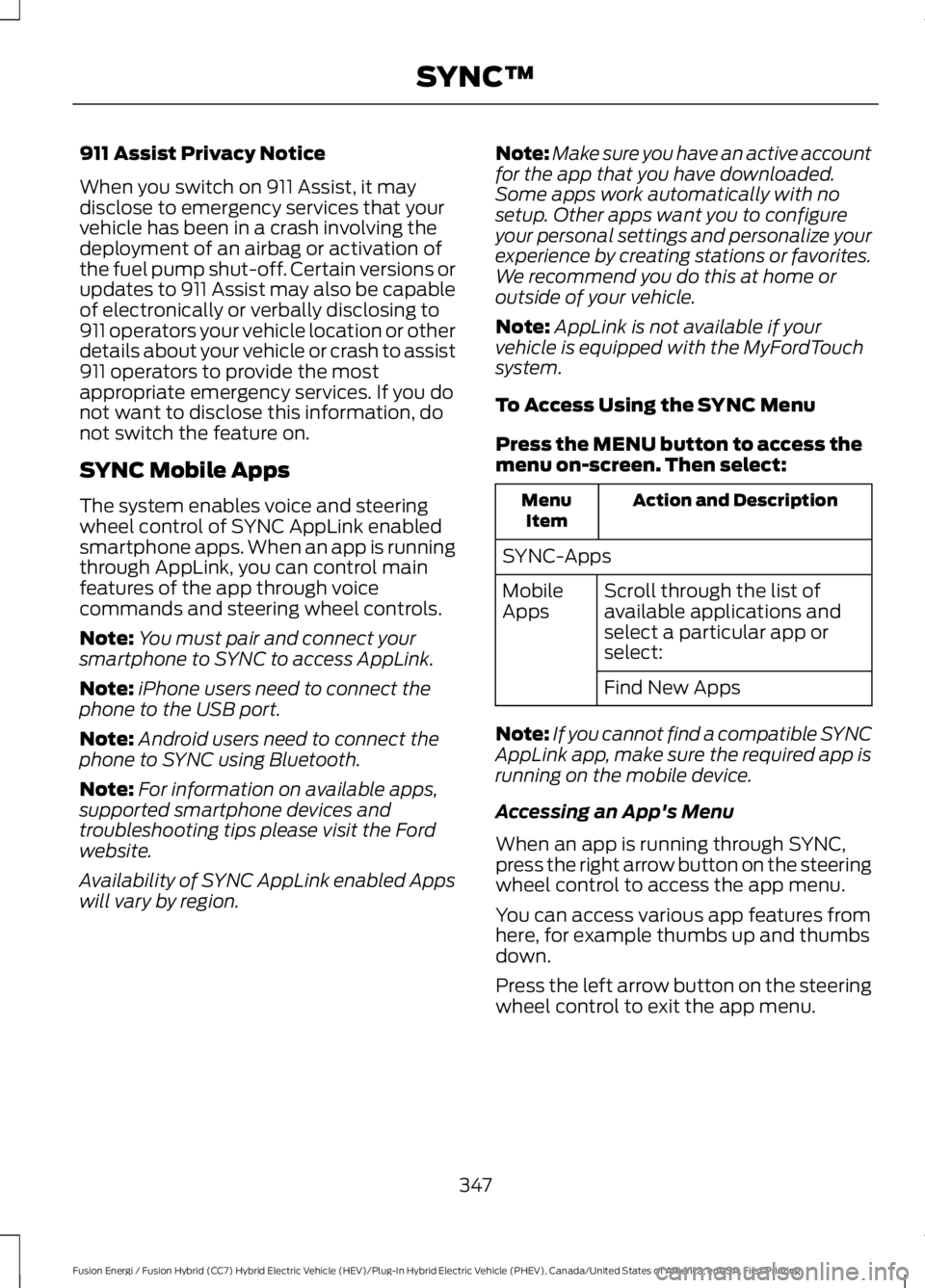 FORD FUSION HYBRID 2017 Owners Manual 911 Assist Privacy Notice
When you switch on 911 Assist, it maydisclose to emergency services that yourvehicle has been in a crash involving thedeployment of an airbag or activation ofthe fuel pump sh FORD FUSION HYBRID 2017 Owners Manual 911 Assist Privacy Notice
When you switch on 911 Assist, it maydisclose to emergency services that yourvehicle has been in a crash involving thedeployment of an airbag or activation ofthe fuel pump sh