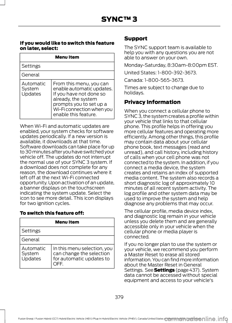 FORD FUSION HYBRID 2017 Owners Manual If you would like to switch this featureon later, select:
Menu Item
Settings
General
From this menu, you canenable automatic updates.If you have not done soalready, the systemprompts you to set up aWi FORD FUSION HYBRID 2017 Owners Manual If you would like to switch this featureon later, select:
Menu Item
Settings
General
From this menu, you canenable automatic updates.If you have not done soalready, the systemprompts you to set up aWi