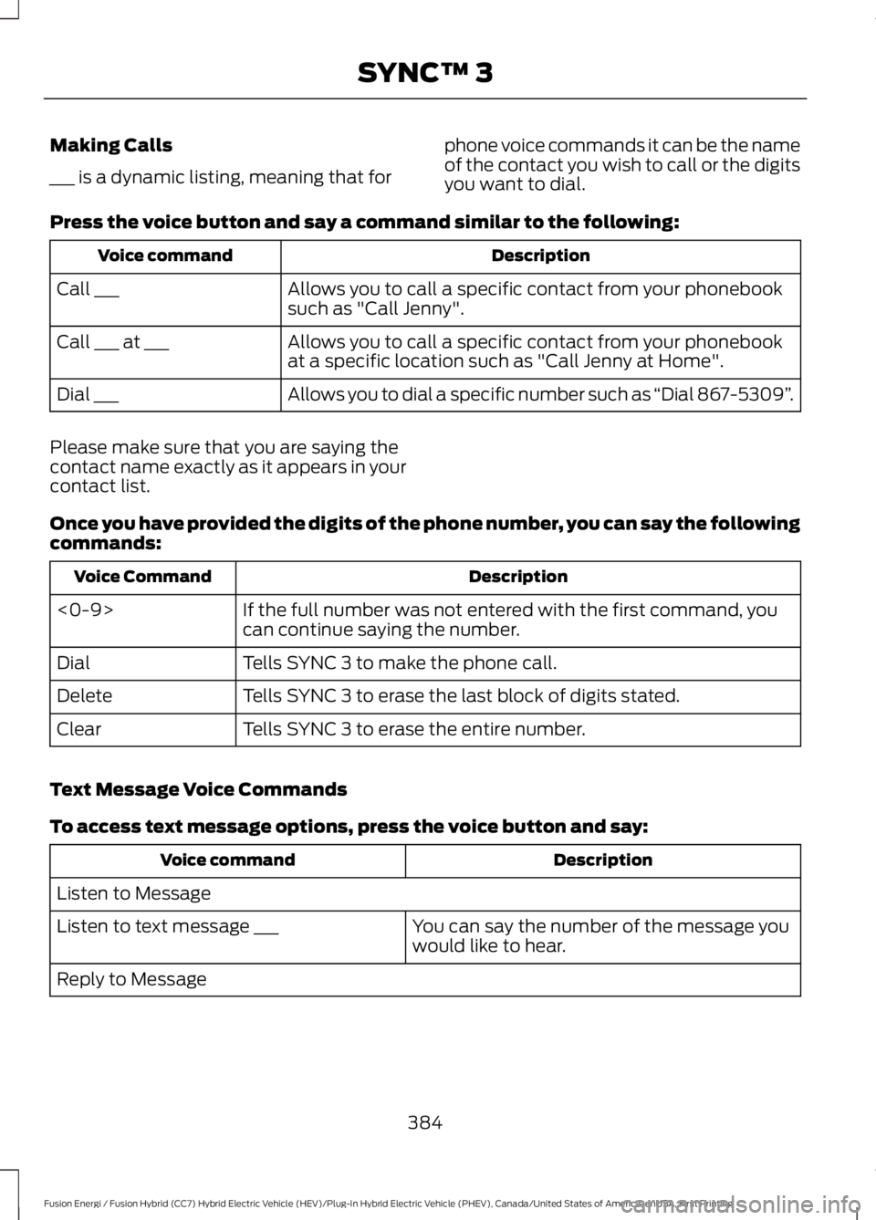 FORD FUSION HYBRID 2017 Owners Manual Making Calls
___ is a dynamic listing, meaning that for
phone voice commands it can be the nameof the contact you wish to call or the digitsyou want to dial.
Press the voice button and say a command s FORD FUSION HYBRID 2017 Owners Manual Making Calls
___ is a dynamic listing, meaning that for
phone voice commands it can be the nameof the contact you wish to call or the digitsyou want to dial.
Press the voice button and say a command s
