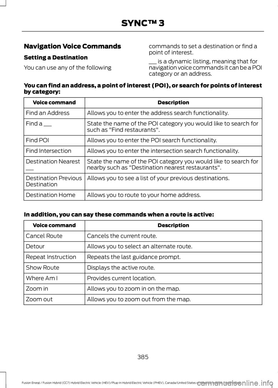FORD FUSION HYBRID 2017 Owners Manual Navigation Voice Commands
Setting a Destination
You can use any of the following
commands to set a destination or find apoint of interest.
___ is a dynamic listing, meaning that fornavigation voice co FORD FUSION HYBRID 2017 Owners Manual Navigation Voice Commands
Setting a Destination
You can use any of the following
commands to set a destination or find apoint of interest.
___ is a dynamic listing, meaning that fornavigation voice co