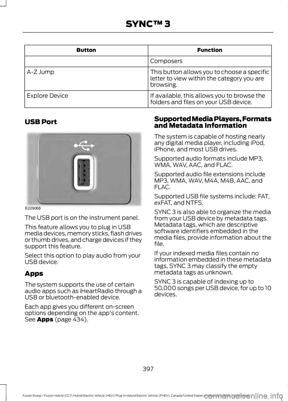 FORD FUSION HYBRID 2017 Owners Manual FunctionButton
Composers
This button allows you to choose a specificletter to view within the category you arebrowsing.
A-Z Jump
If available, this allows you to browse thefolders and files on your US FORD FUSION HYBRID 2017 Owners Manual FunctionButton
Composers
This button allows you to choose a specificletter to view within the category you arebrowsing.
A-Z Jump
If available, this allows you to browse thefolders and files on your US