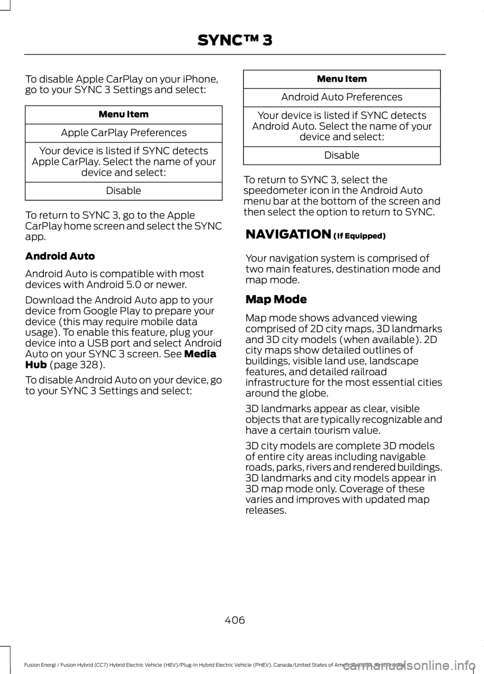 FORD FUSION HYBRID 2017 User Guide NAVIGATION (If Equipped)
Your navigation system is comprised oftwo main features, destination mode andmap mode.
Map Mode
Map mode shows advanced viewingcomprised of 2D city maps, 3D landmarksand 3D ci FORD FUSION HYBRID 2017 User Guide NAVIGATION (If Equipped)
Your navigation system is comprised oftwo main features, destination mode andmap mode.
Map Mode
Map mode shows advanced viewingcomprised of 2D city maps, 3D landmarksand 3D ci